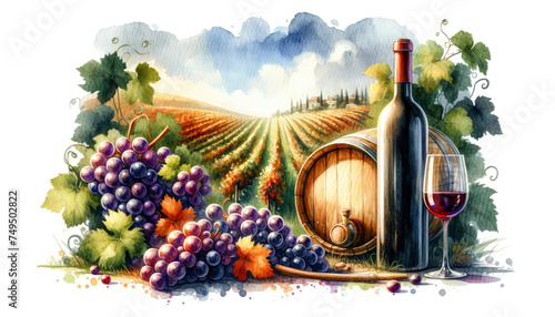 Illustration of a vintage wine bottle and glass with a lush grapes cluster in front of a barrel, overlooking a vineyard.
generative ai
