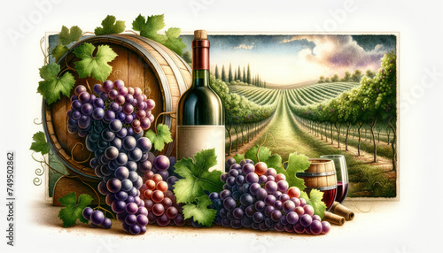Illustration of a vintage wine bottle and glass with a lush grapes cluster in front of a barrel, overlooking a vineyard.
generative ai