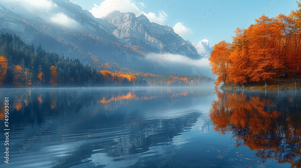 A beautiful autumn scene on Hintersee lake in Germany on the Austrian border. Colorful morning view of the Bavarian Alps in the distance.