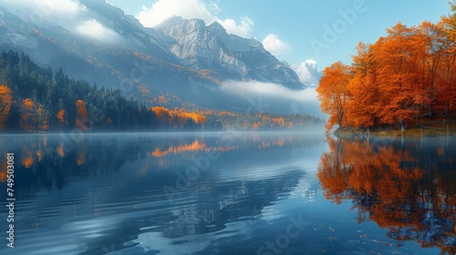 A beautiful autumn scene on Hintersee lake in Germany on the Austrian border. Colorful morning view of the Bavarian Alps in the distance.