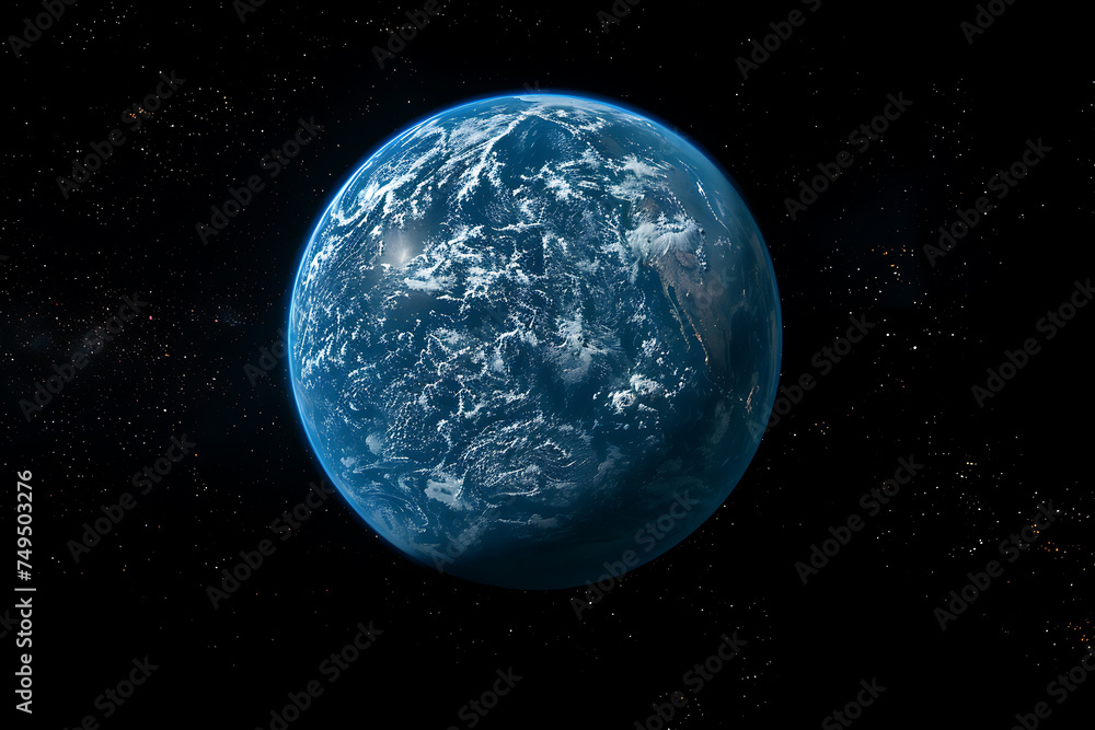 Blue Earth in the space. Colorful art. Solar system 