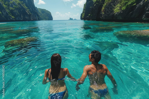 Asian young couple in love swim in tropical sea © sofiko14