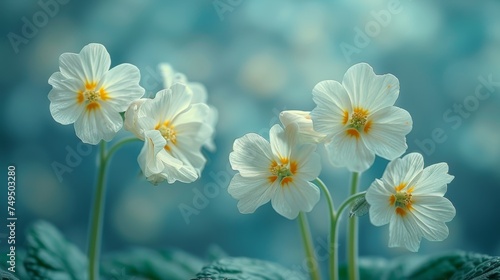 Primroses on a beautiful blue background. Blurred gentle sky-blue background. Floral nature background, free space for text.
