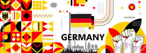 Germany national or independence day banner for country celebration. Flag and map of Germany with raised fists. Modern retro design with typorgaphy abstract geometric icons. Vector illustration	