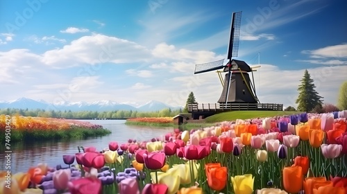 tulips blooming in the Netherlands, a windmill in the background. #749503429