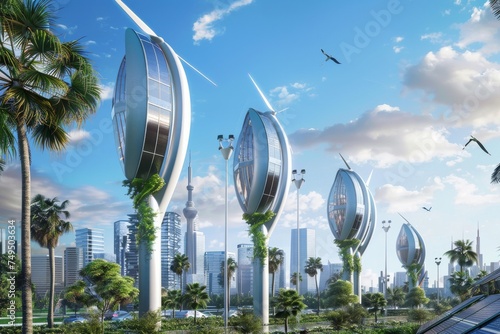 A futuristic renewable energy complex with vertical wind turbines and high-efficiency solar panels in an urban setting Architecture for energy conservation and sustainability
 photo