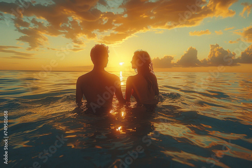 Caucasian young couple in love swim in tropical sea © sofiko14