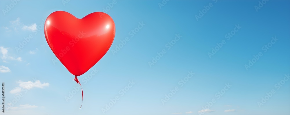 Red heart balloon flying high against a clear blue sky background. Concept Love, Heart Balloon, Outdoors, Blue Sky, Symbolism