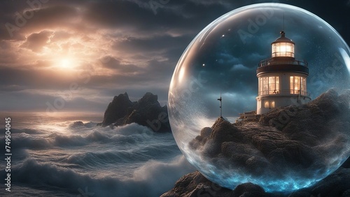 landscape with moon highly intricately detailed photograph of Lighthouse at nighttime on Japanese sea    inside a crystal ball