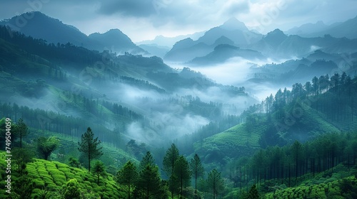 The mountains are covered in mist in the morning, an amazing nature scene from Kerala's God's own Country. This is a type of nature image that shows a relaxed and fresh lifestyle. © DZMITRY