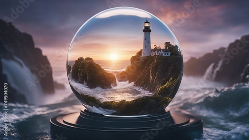 alien planet earth highly intricately detailed photograph of Aerial view Baily lighthouse at sunrise  inside a crystal ball on an alien planet 