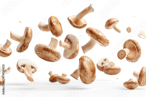 A dynamic composition of sliced shiitake mushrooms captured in mid-air against a clean, white background.