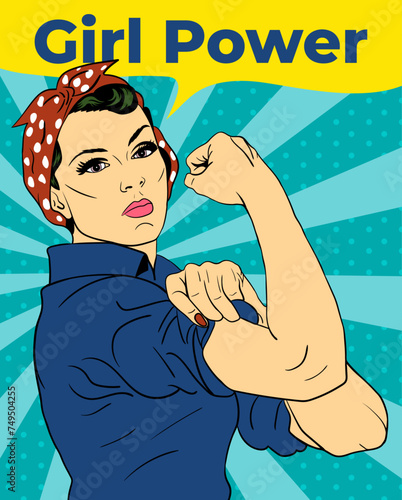 Pop art sexy strong white girls with  speech bubble. American symbol of female power, 
