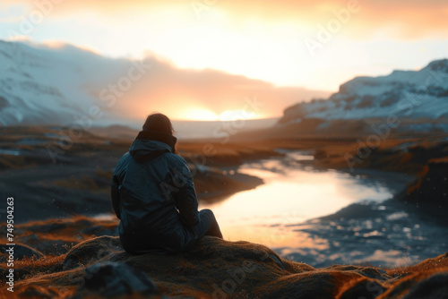 Contemplative Solitude  Lone Figure Observing a Majestic Sunset in a Snowy Landscape