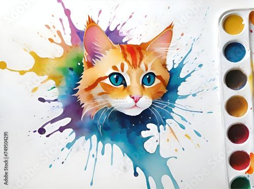 Generative AI watercolor splash painting, ginger cat © Azalea