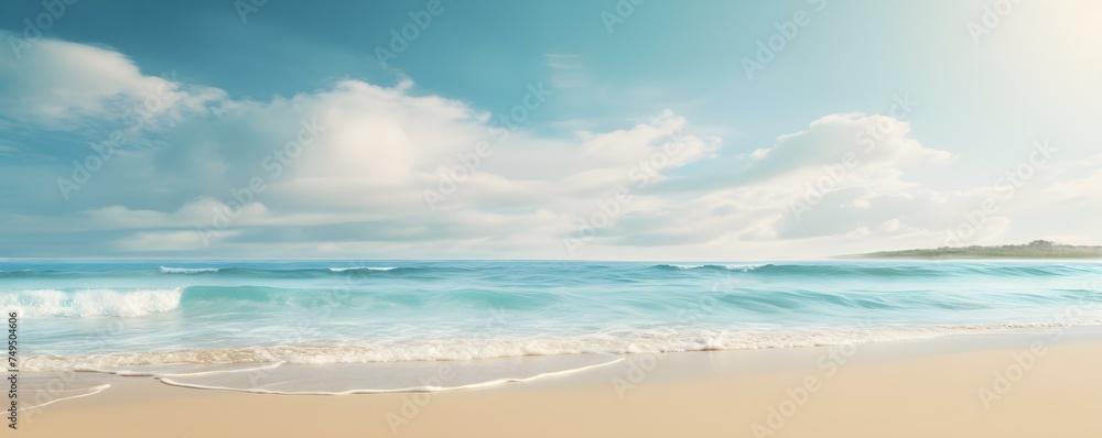 Tranquil beach scene Sunkissed sands meet calm waters under a blue sky. Concept Beach Photography, Serene Landscapes, Natural Beauty, Idyllic Shorelines, Relaxing Atmosphere