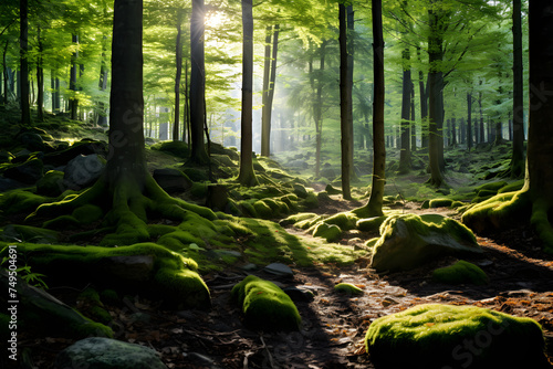 Sunlight's Soft Glow in Dense, Green Forest: A Testament to Nature's Serenity and Beauty © Leonard