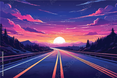 Road landscape with beautiful sunset view illustration. Beautiful Landscape showing view of a road leading to hills. highway drive with beautiful sunrise landscape. Road through fields and hills. 