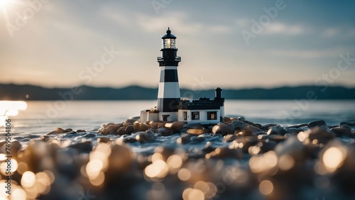 lighthouse at sunset  is made of Lego bricks and the water is clear  photo