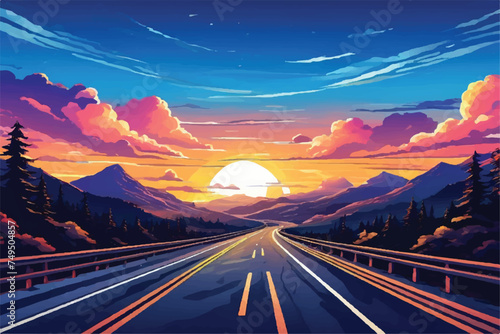 Road landscape with beautiful sunset view illustration. Beautiful Landscape showing view of a road leading to hills. highway drive with beautiful sunset landscape. Road through fields and hills.      photo
