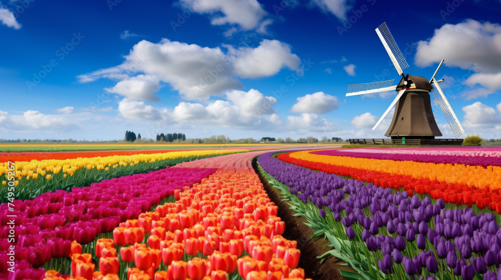 Panorama of landscape with blooming colorful tulip