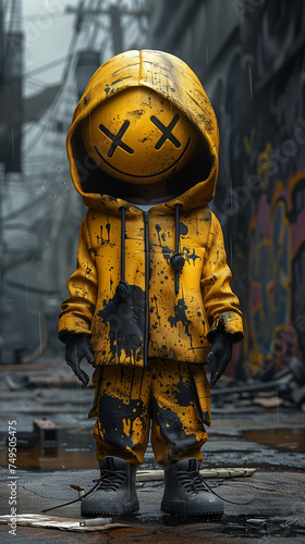 Grungy character with smiley face in a dystopian urban setting