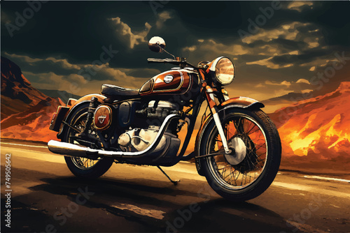 Vintage classic motorbike on highway illustration. Retro style motorbike illustration. illustration of classic motorcycle. Vintage motorcycle. Classic Motor bike on highway road. Royal Enfield. 