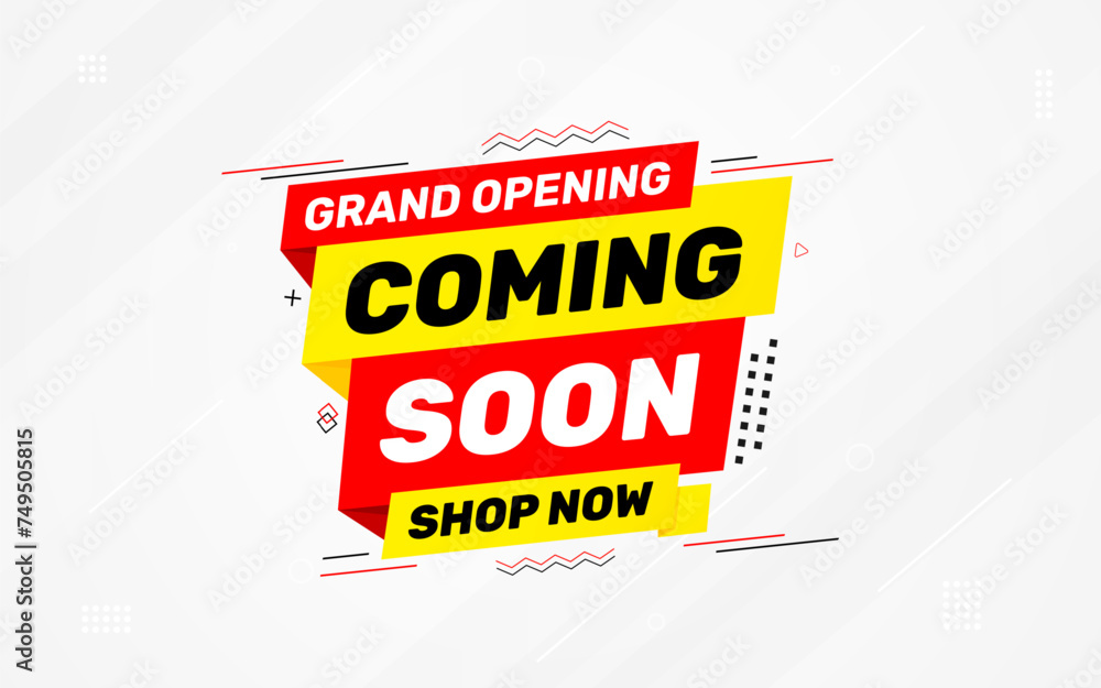 Obraz premium Coming Soon Sale Banner vector template. Grand Opening vector graphic element. Super shop label Promo design. Product opening festival background collection.