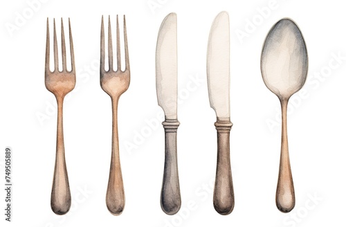 Retro cutlery isolated on white background  spoon  forks and knives for table setting  watercolor illustration in vintage style for advertising flyers or menu  drawing Generative AI