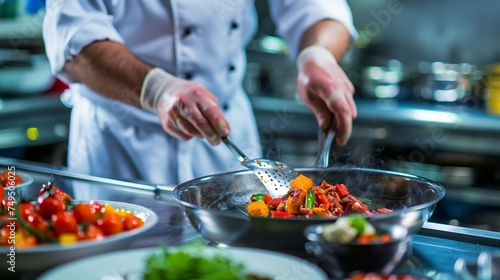 Chef cooks and presents a dish in the kitchen of a luxury restaurant