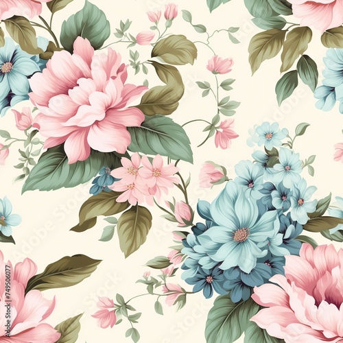 Seamless watercolor bright floral pattern with pink and blue flowers with green leaves for textiles, wallpapers and all prints, botanical tiles, composition Generative AI © Iaroslav Lazunov