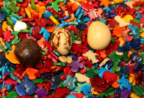 Three seeds of the TAGUA plant also called Vegetable Ivory in different stages of processing to obtain objects and amulets photo