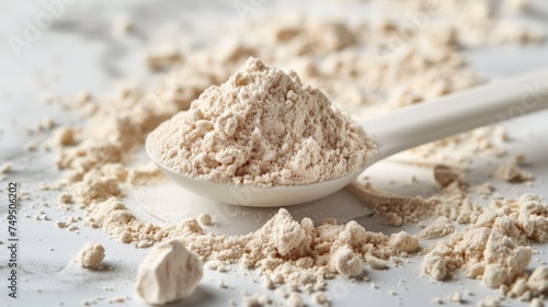 closeup of whey protein powder in a measuring spoon - isolted on a white background