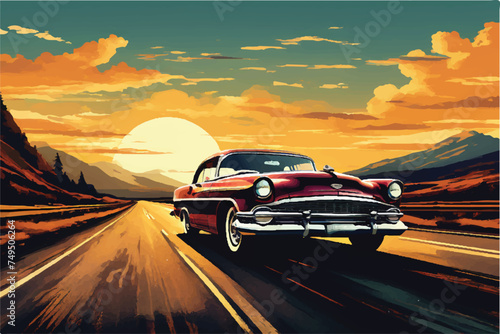 Classic vintage car on highway illustration. Beautiful retro car driving along the highway. Summer road trip adventure, vintage car driving along a scenic coastal highway. Beautiful Vintage car. photo