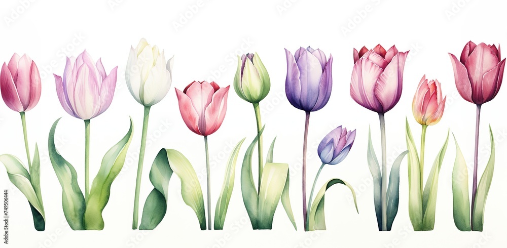 Set of multicolored tulips with leaves, botanical watercolor illustration for any holiday design, horizontal pattern with spring flowers Generative AI