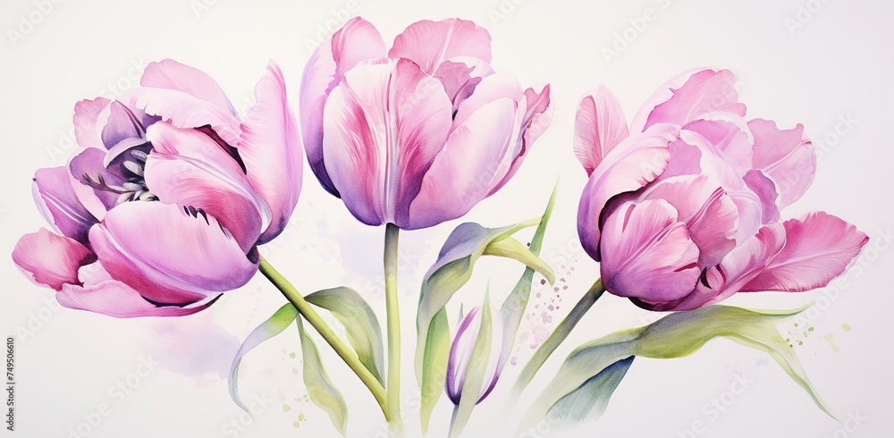 Watercolor composition of double lilac tulips on pastel background, bouquet for Valentines Day greeting cards, wedding invitations, romantic events or textiles, illustration Generative AI