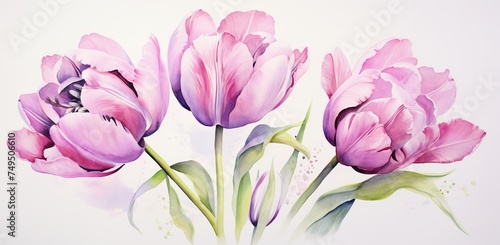 Watercolor composition of double lilac tulips on pastel background, bouquet for Valentines Day greeting cards, wedding invitations, romantic events or textiles, illustration Generative AI © Iaroslav Lazunov