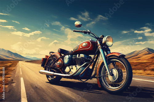 Vintage classic motorcycle on a highway. illustration of a vintage motorbike. antique motorbike. Vintage motorbike on a freeway. Antique motorbike. Classic Motor bike on highway road. Bike.