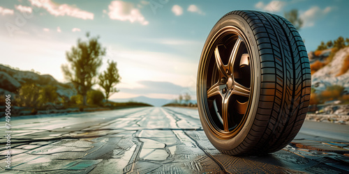 A car tire with a sporty rim stands alone on a sunlit, cracked asphalt road with a scenic backdrop of hills and sky.