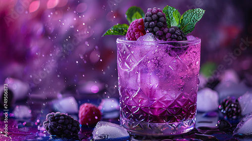 Frozen berries in a glass with ice on a dark background.