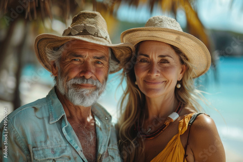 Caucasian senior couple in love walking on sandy beach on seashore