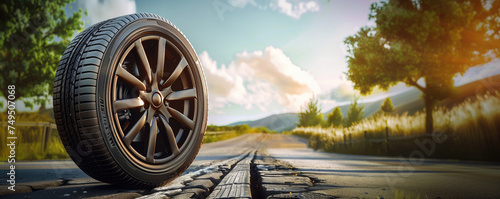 A car tire with a sporty rim stands alone on a sunlit, cracked asphalt road with a scenic backdrop of hills and sky. photo