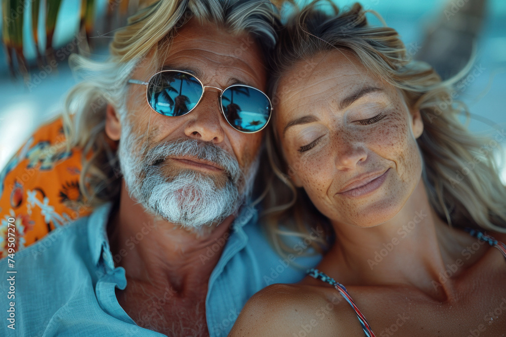 Caucasian old couple in love lying on sandy beach on seashore Caucasian old couple in love lying on sandy beach on seashore
