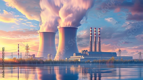 atomic nuclear reactor or power plant refinery industrial factory with cooling towers and smoke chimney as wide