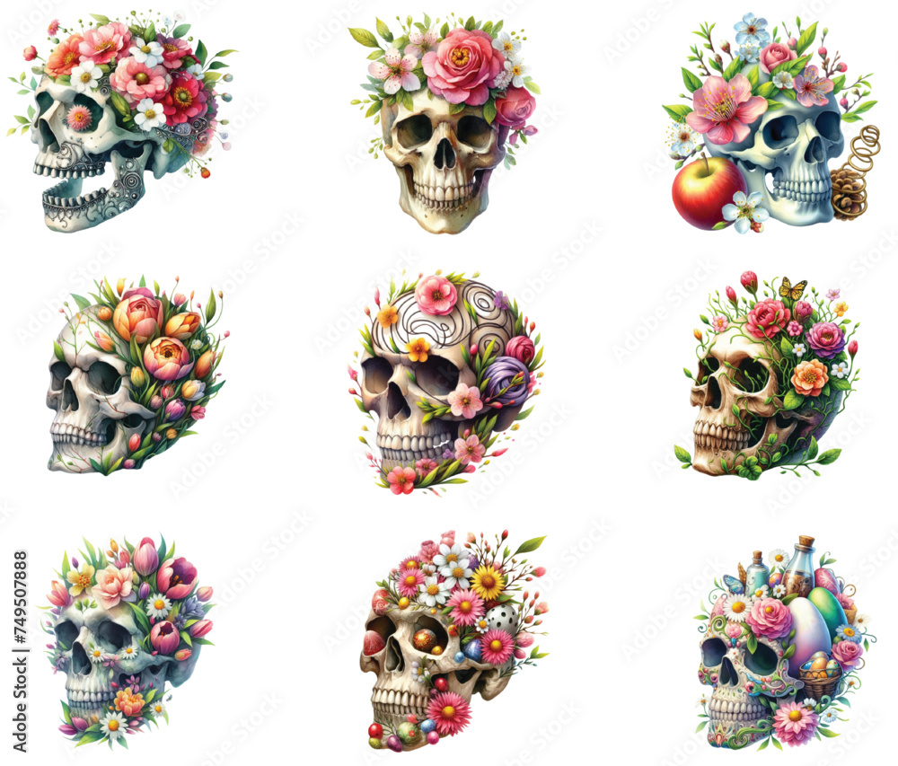 Floral Skulls Watercolor Clipart
