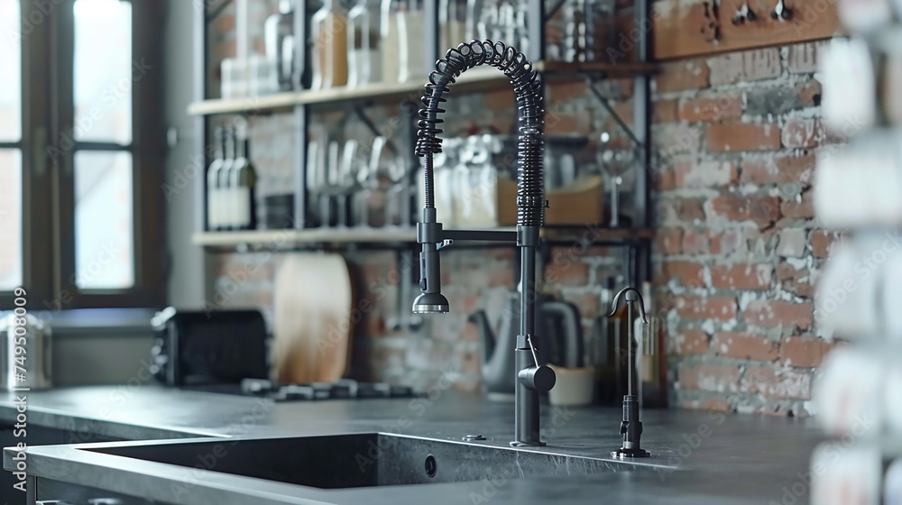 An industrial-style kitchen faucet with a matte black finish and a pull-down spray head, ideal for a modern loft kitchen. An industrial-style kitchen faucet with a matte black finish and a pull-down spray head, ideal for a modern loft kitchen.