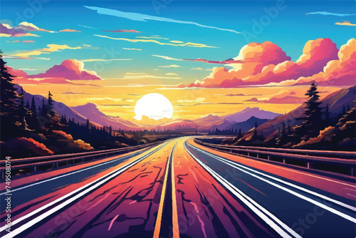 Road landscape . Gorgeous scenery featuring a road that leads to hills. highway landscape with mountains in the distance. travel for vacation. Illustration in vector form. a stunning sunset vista.