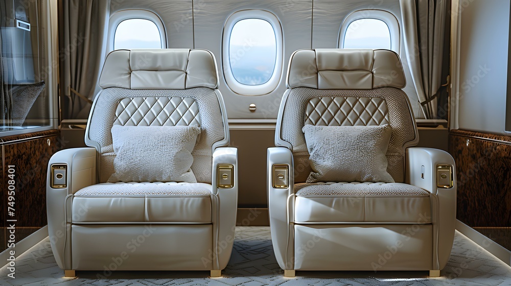 Obraz premium Luxury airline seats with copy space for business or leisure travel. Concept Luxury Travel, Airline Seats, Business Trip, Leisure Travel, Copy Space