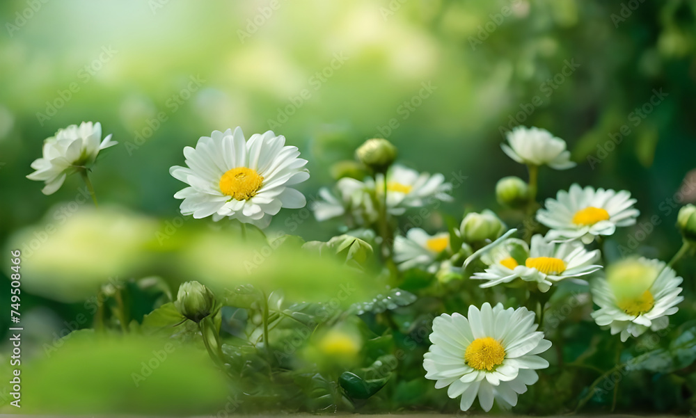green whispers of a sparkling tale of fresh soft garden filled with green roses and daisies caressed by ambient soft sunlight under a cloudy sky