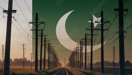 Electricity in the Pakistan. Electric poles on the background of the Pakistan flag. Pakistan flag and Electric poles.